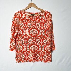 Talbots Sz. M red and white Damask print 3/4 sleeve top | cotton blend, stretch
